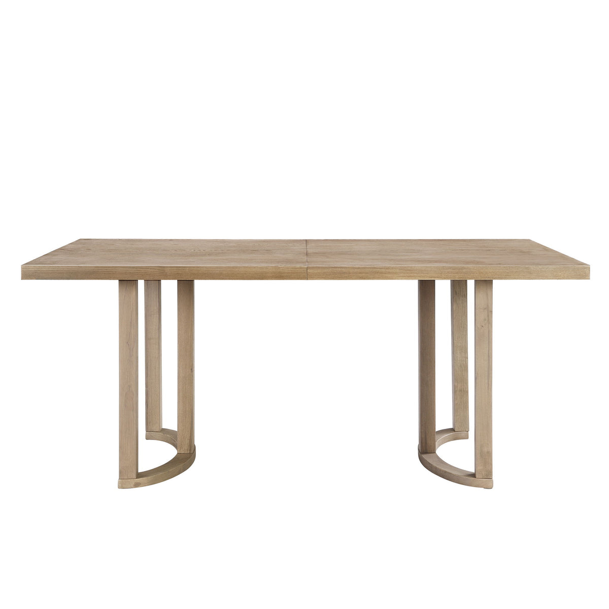 Light ash dining table with rectangular top and U-shaped trestle base.
