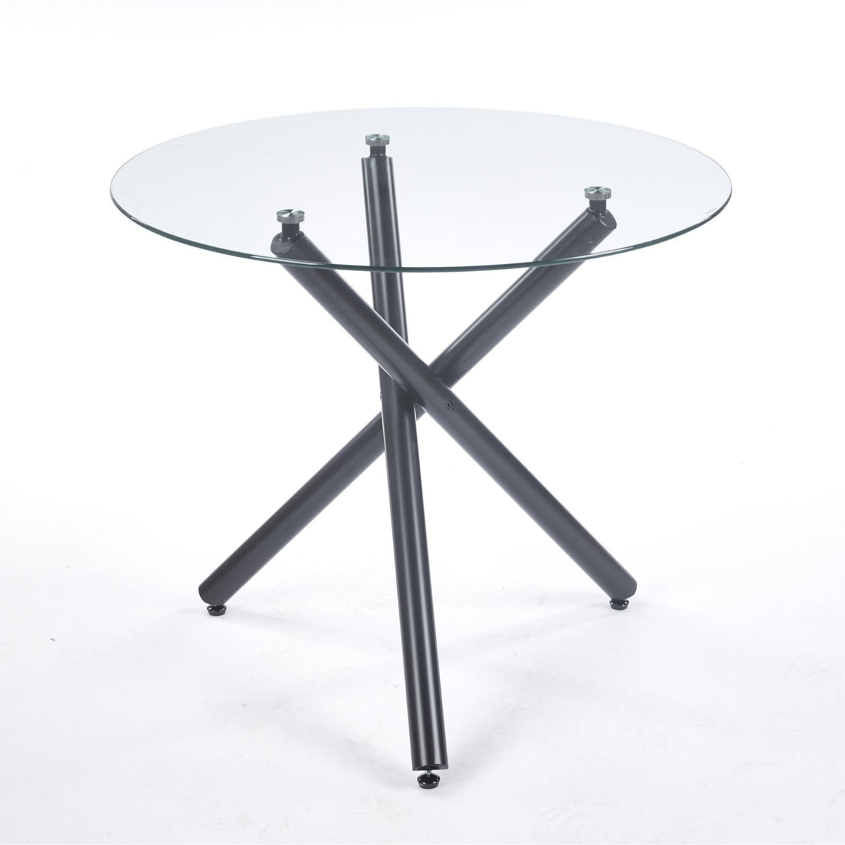 Black X-leg round glass dining table with clear tempered glass tabletop