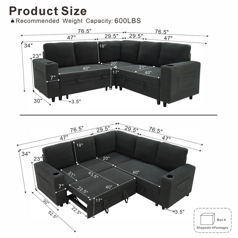 Upholstered L - Shape Sectional Sofa Bed With Pull Out Sleeper And Storage