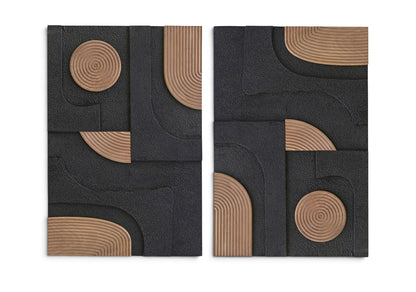 Two-piece wall art set with dark panels and light brown spiral circles and curved arcs