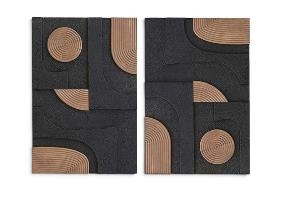 Two-piece wall art set with dark panels and light brown spiral circles and curved arcs