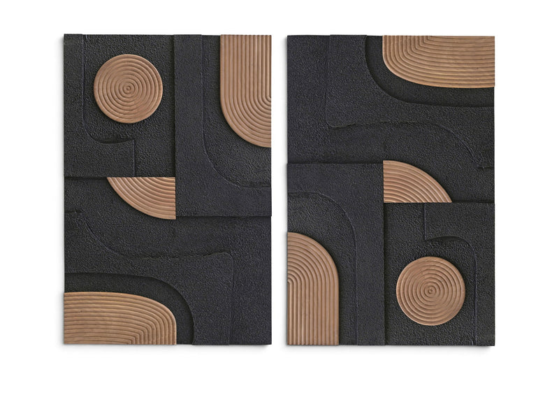 Two-piece wall art set with dark panels and light brown spiral circles and curved arcs