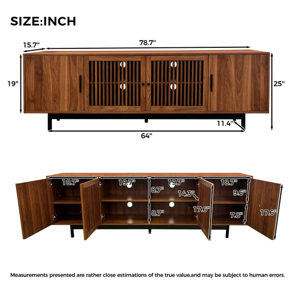 Walnut TV stand with open compartments and two slatted door panels