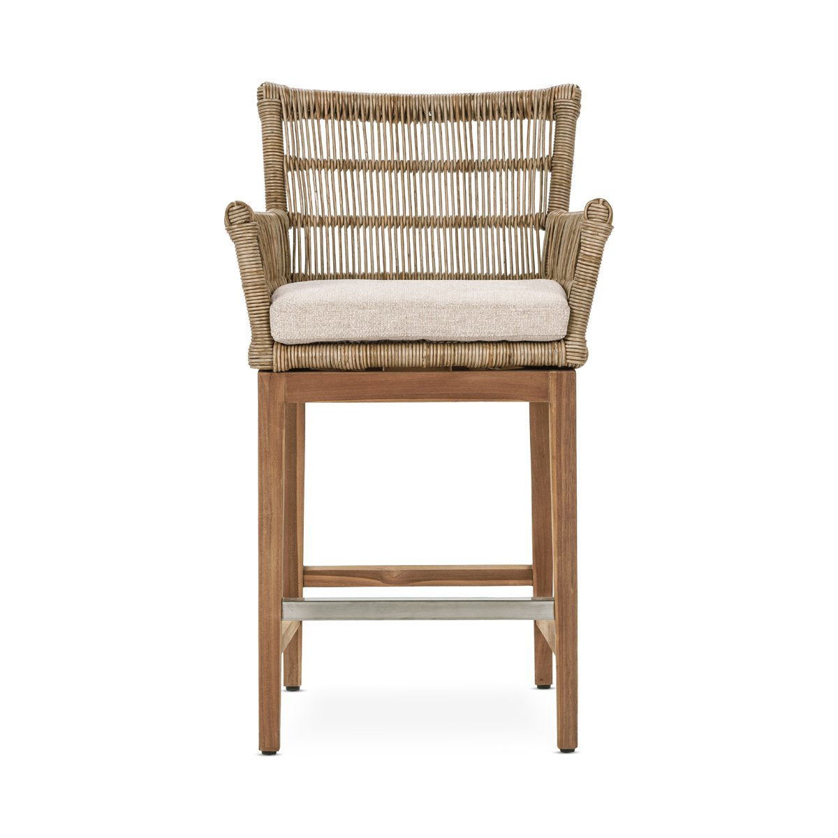 Natural woven bar stool with padded seat cushion and square wooden legs