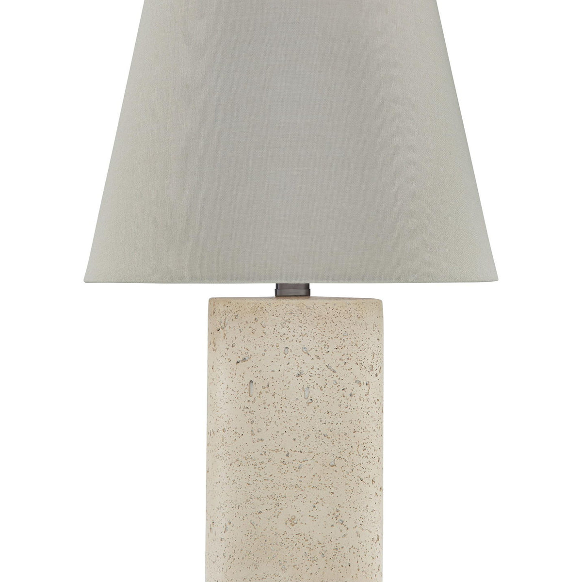 Bronnerdale beige poly table lamp with fabric drum shade and speckled stone-like base