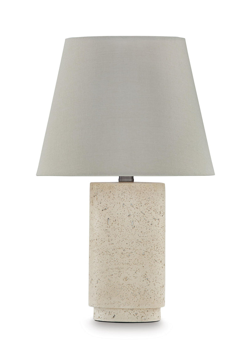 Bronnerdale beige poly table lamp with fabric drum shade and speckled stone-like base