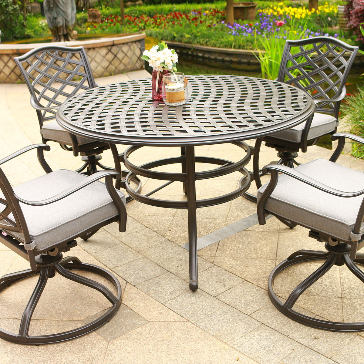Round 49" Long Aluminum Dining Set With Cushions