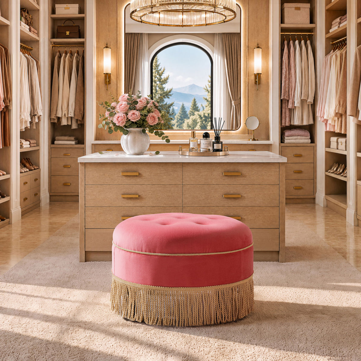 Pink round ottoman with upholstered top and gold fringe skirt for living room seating