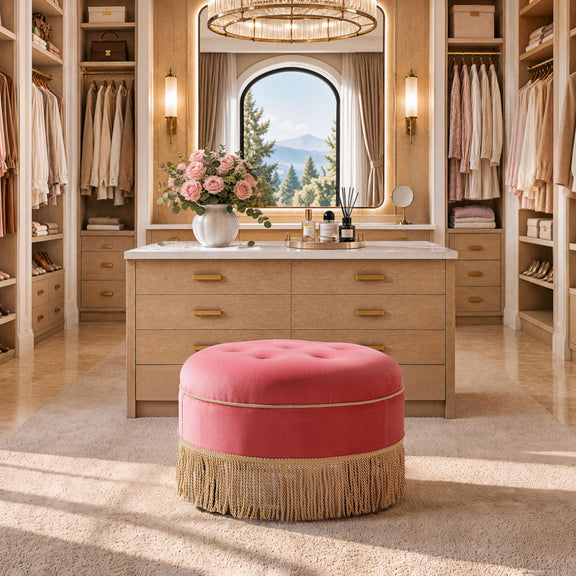 Pink round ottoman with upholstered top and gold fringe skirt for living room seating