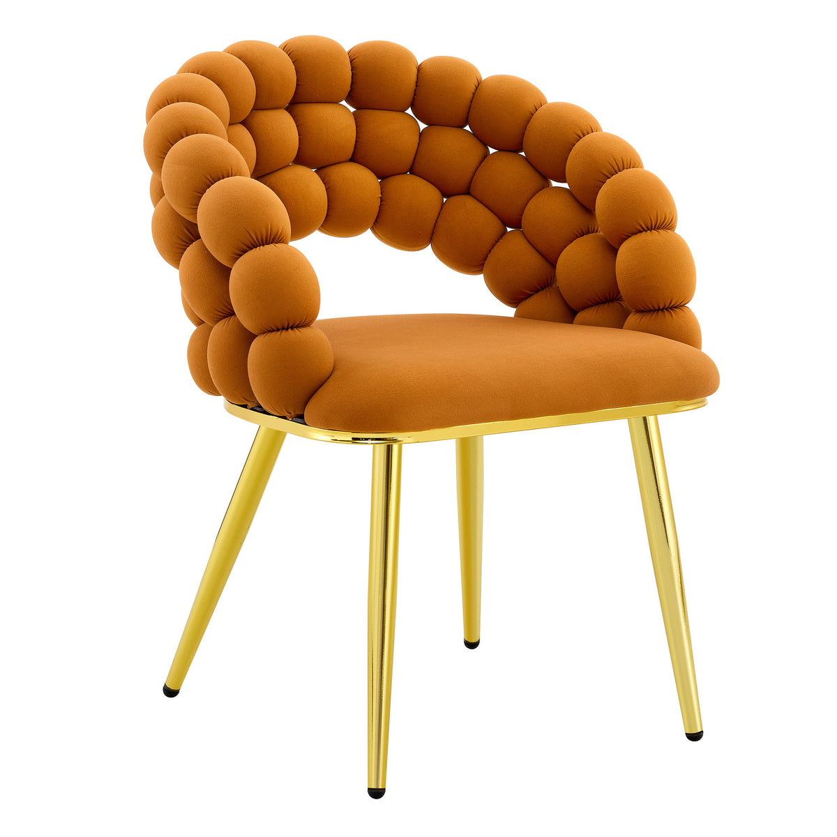 Orange bubble tufted accent chair with rounded back and gold metal legs