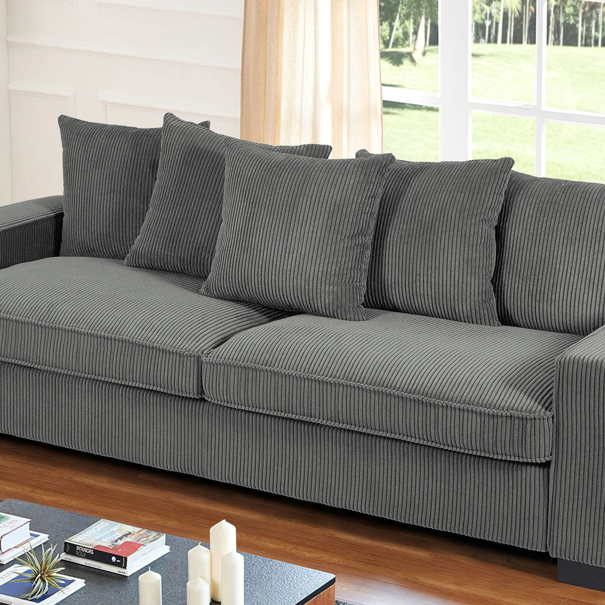 Luxe Corduroy Sofa With 5 Matching Toss Pillows, Sleek Design, Spacious And Comfortable 3 Seater Couch