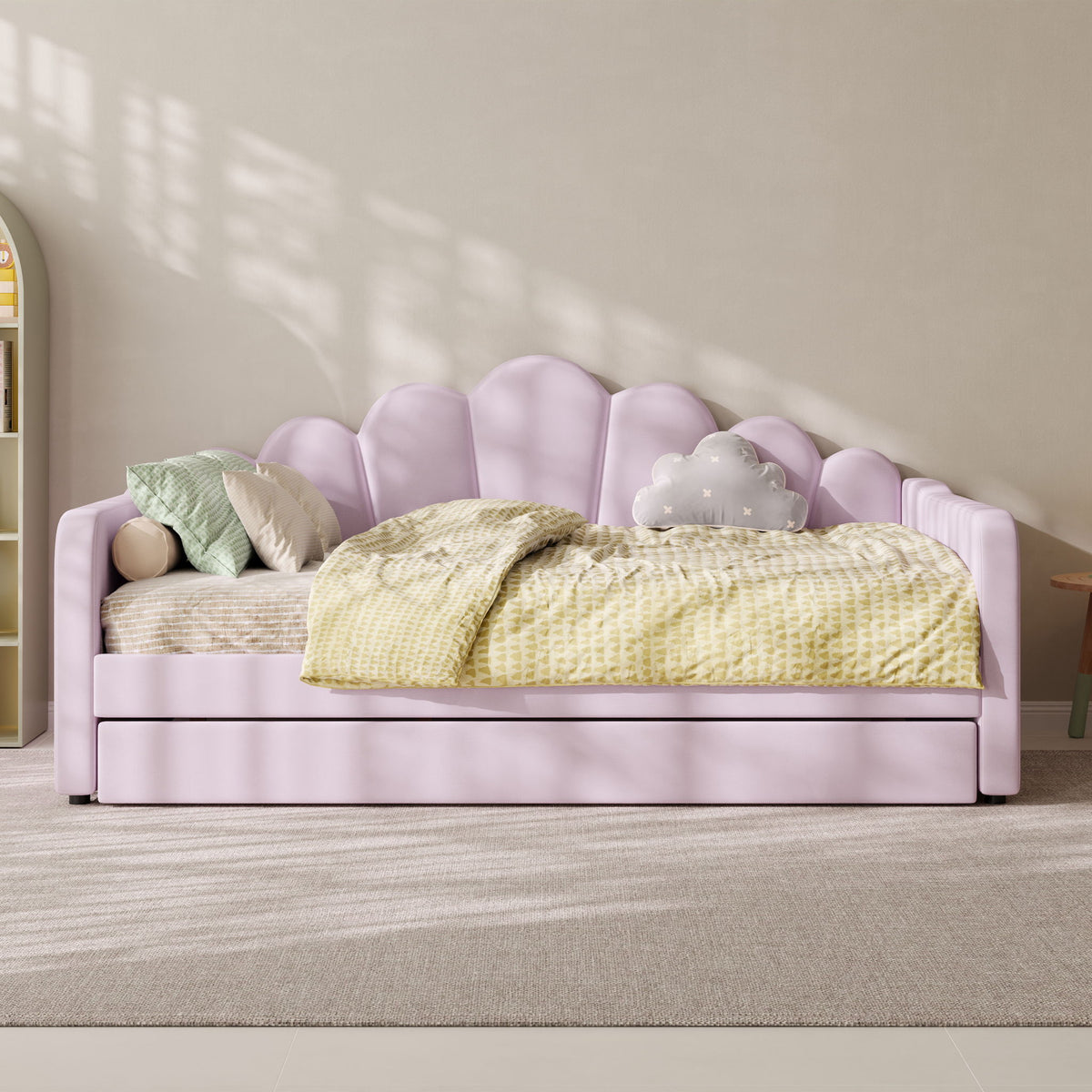 Lavender upholstered daybed frame with scalloped shell headboard and cushioned sides