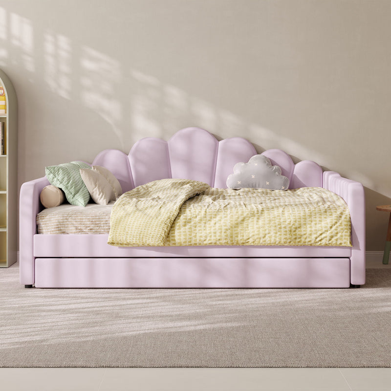 Lavender upholstered daybed frame with scalloped shell headboard and cushioned sides