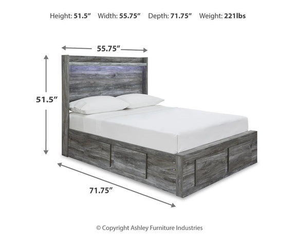 Gray panel bed with dimensions overlay, headboard and platform frame shown