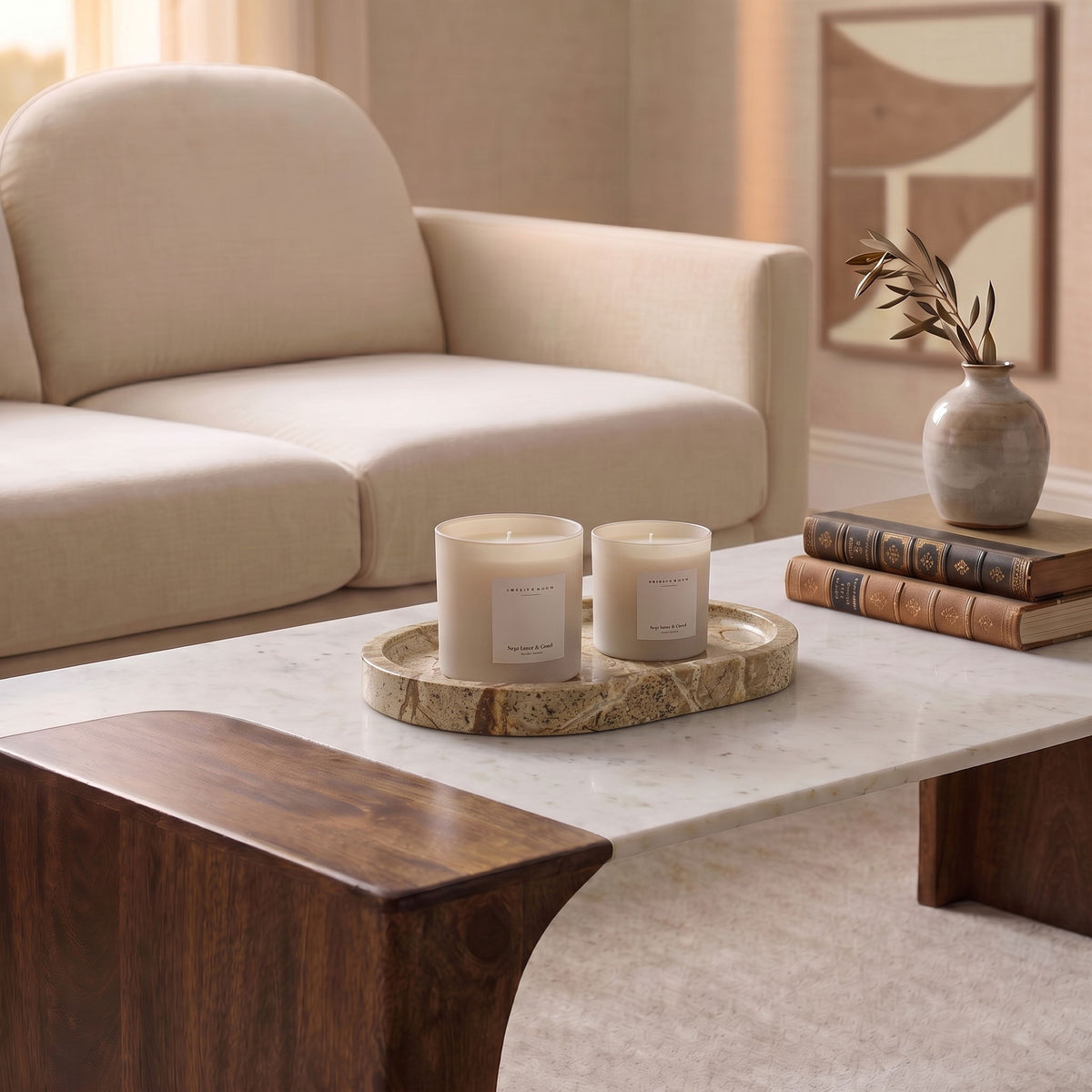 Genuine marble tray, circular beige-brown with natural stone veining