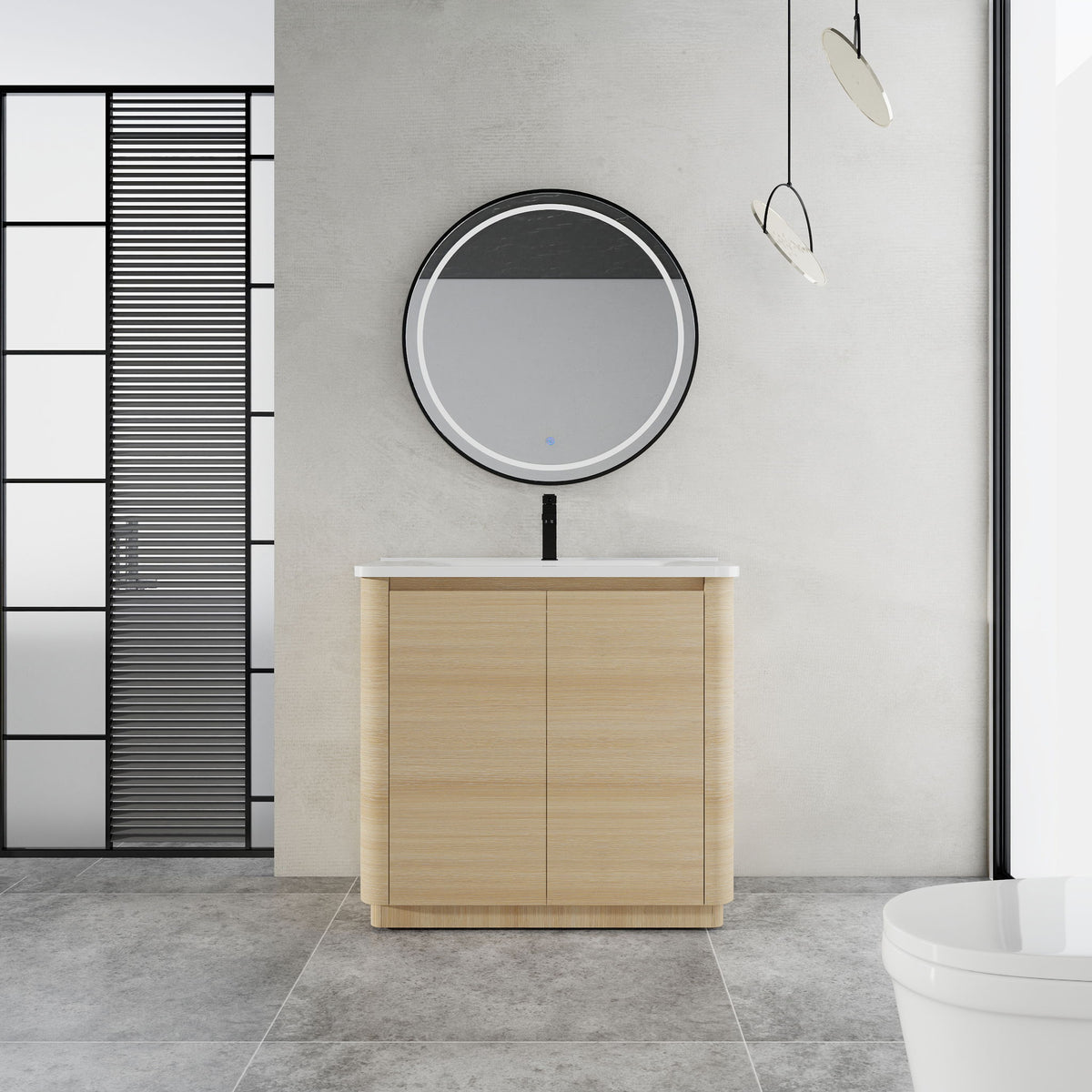 Freestanding bathroom vanity with white sink top and light brown two-door cabinet