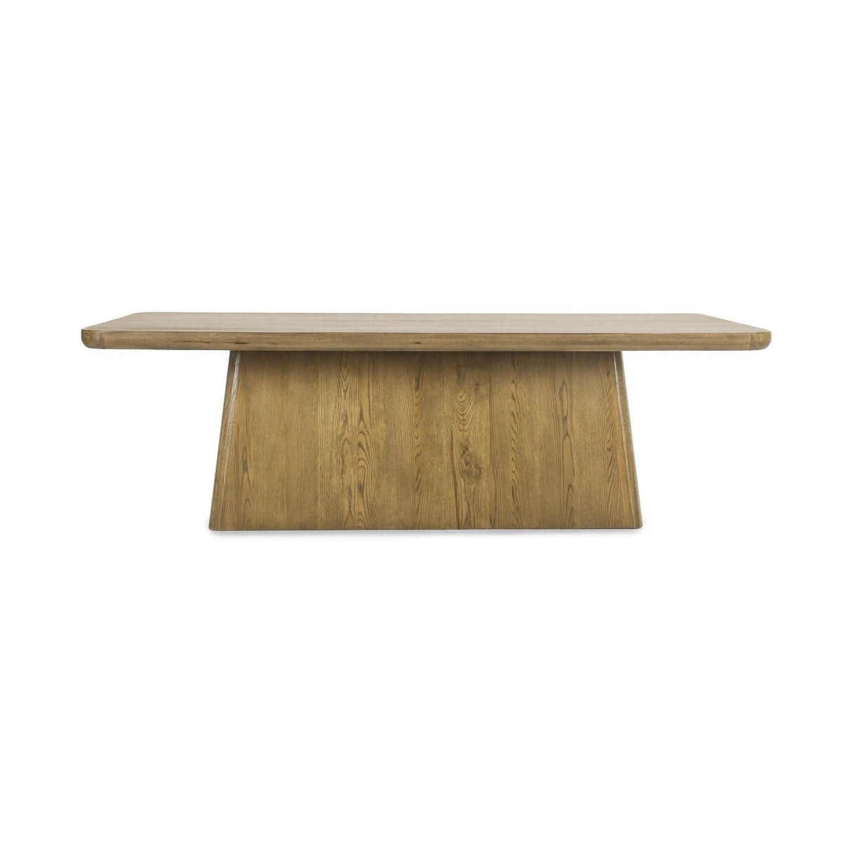 Dark light-brown wood dining table with rectangular top and sturdy pedestal base