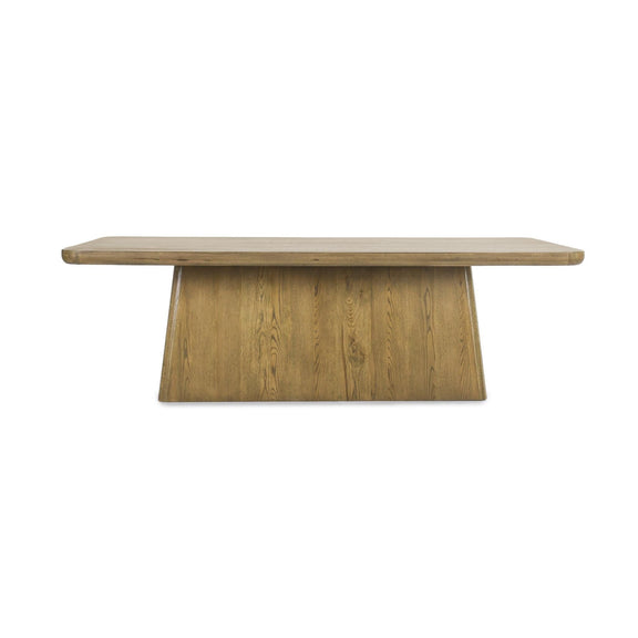 Dark light-brown wood dining table with rectangular top and sturdy pedestal base
