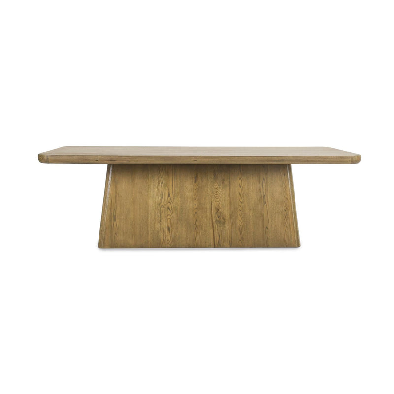 Dark light-brown wood dining table with rectangular top and sturdy pedestal base