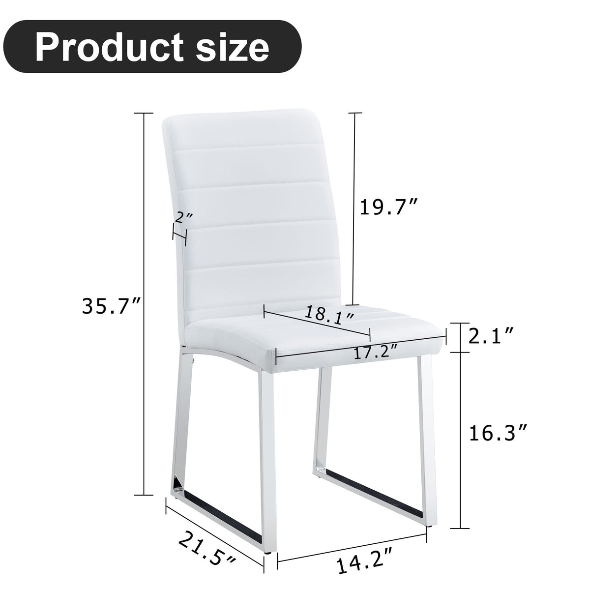 White dining chair measurement diagram showing height, seat depth, and thickness