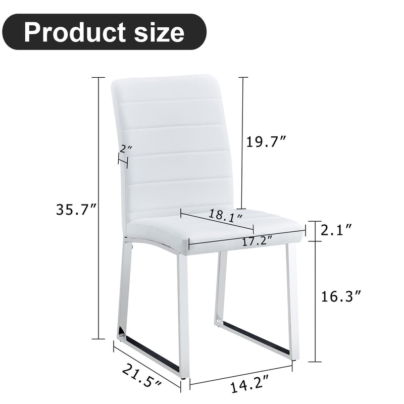 White dining chair measurement diagram showing height, seat depth, and thickness