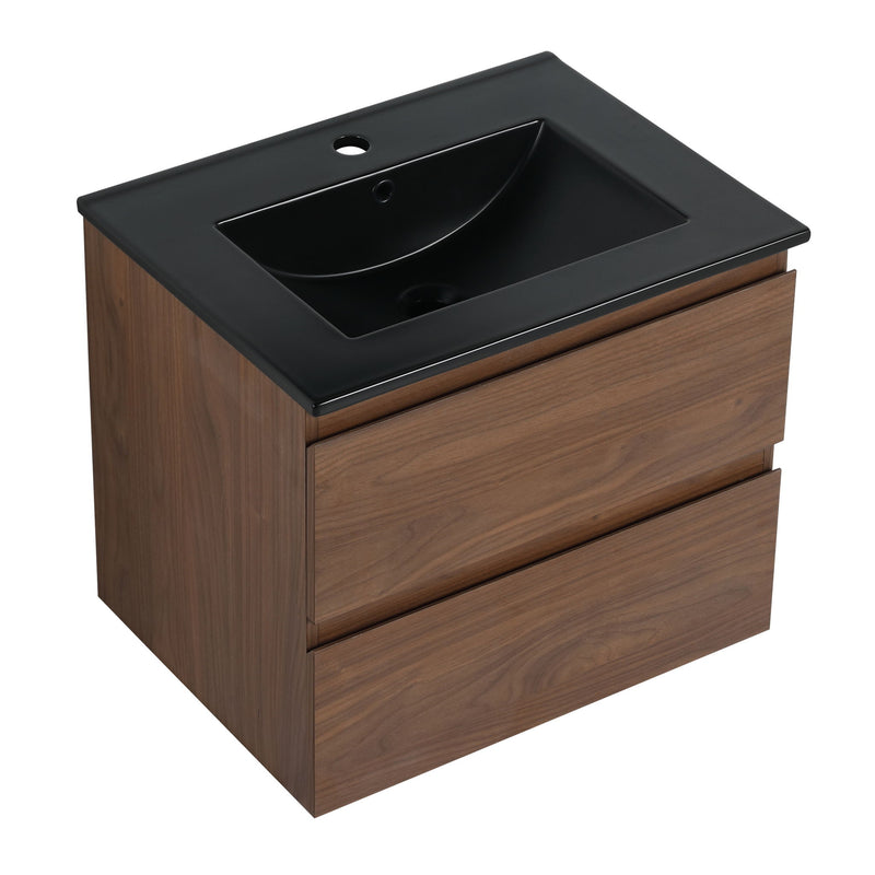 Wall-mounted bathroom vanity with black rectangular sink, dark wood cabinet and drawers