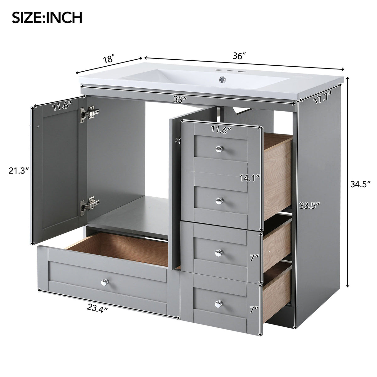 Shaker Free Standing Bathroom Vanity Cabinet With Sink, Soft Close Drawers, Soft Close Doors