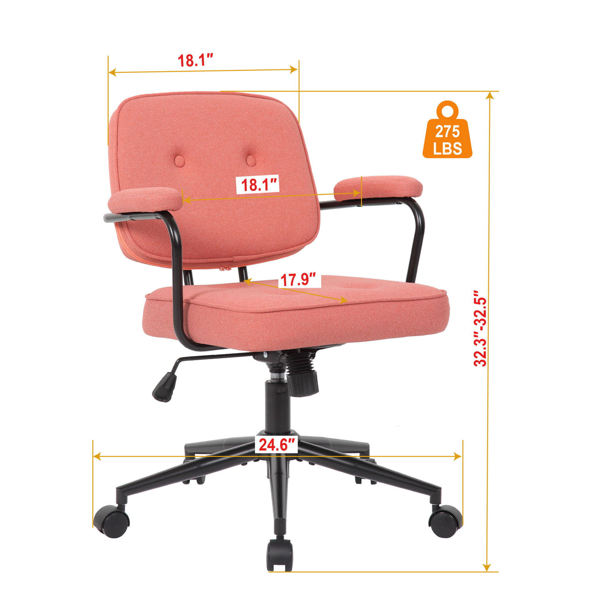 Pink upholstered swivel desk chair with curved armrests; dimensions shown
