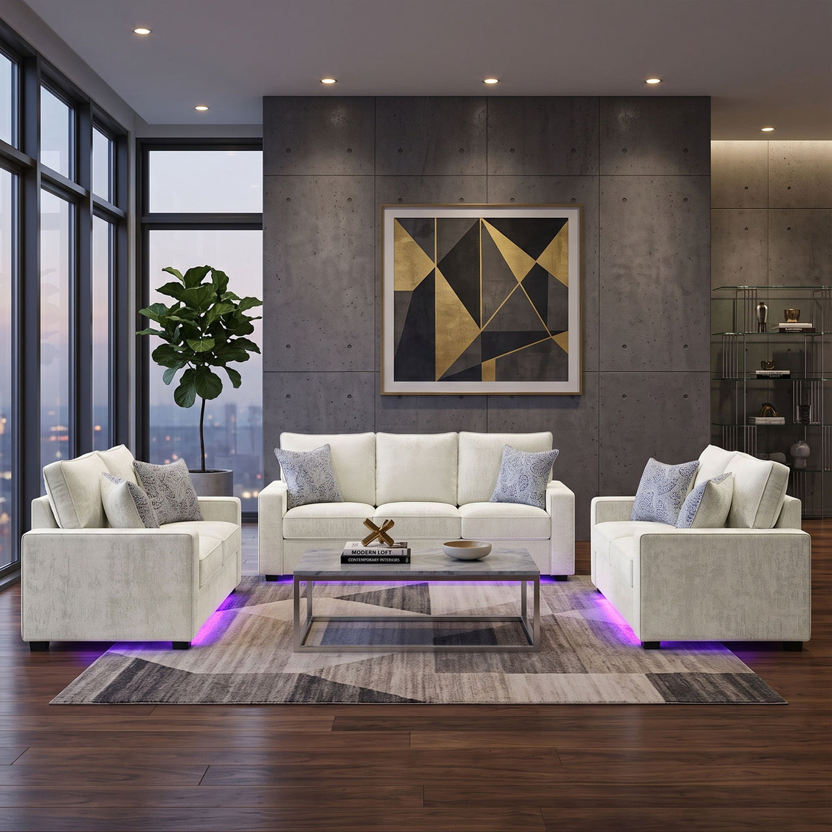Rita LED living room set in white and dark tones: sofa plus two chairs, glowing base
