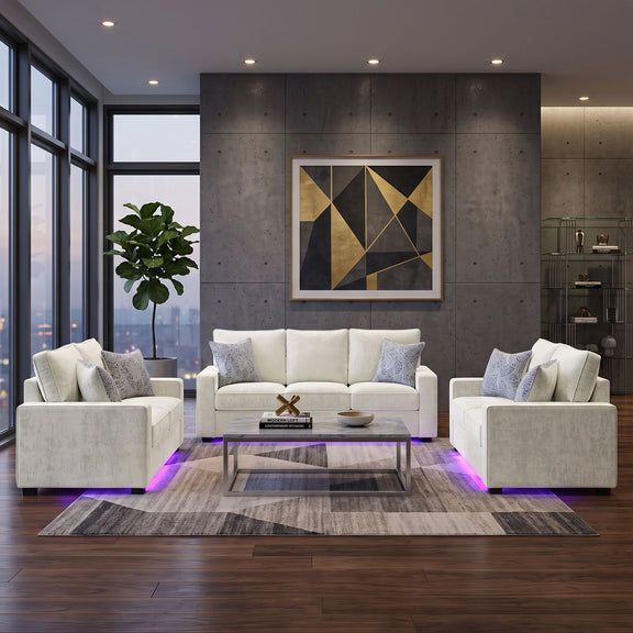 Rita LED living room set in white and dark tones: sofa plus two chairs, glowing base