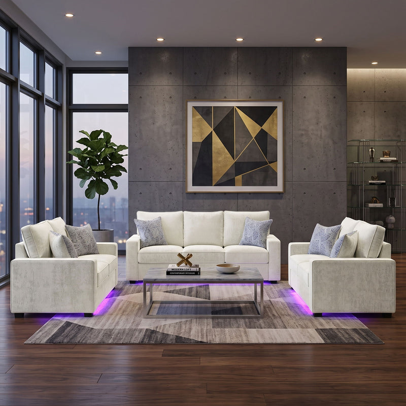 Rita LED living room set in white and dark tones: sofa plus two chairs, glowing base