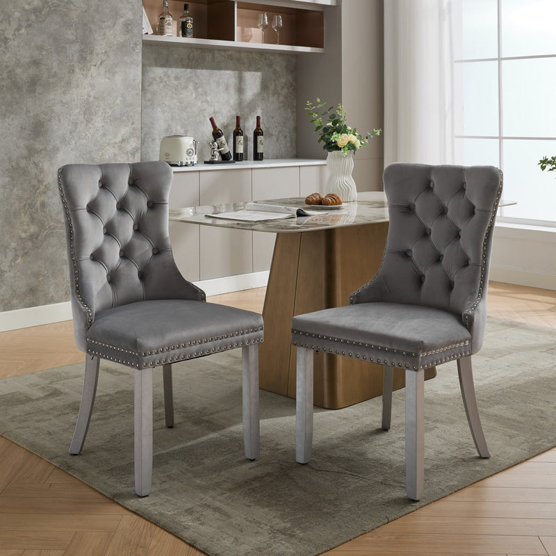 A&A Furniture, Nikki Collection Modern, High-end Tufted Solid Wood Contemporary Velvet Upholstered Dining Chair with Wood Legs Nailhead Trim 2-Pcs Set, Light Gray,SW1301LG