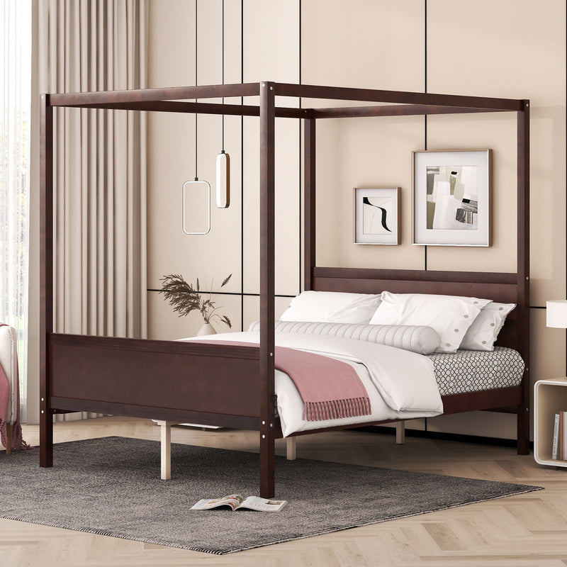 Dark brown canopy platform bed with headboard, footboard, and slatted base
