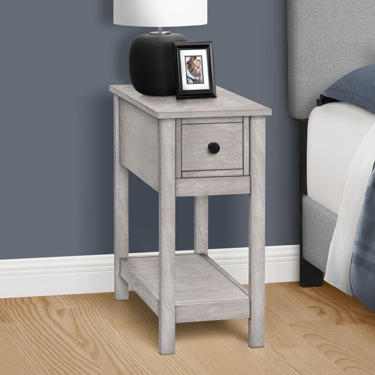 Accent End Table, 2 Tier, Narrow, Lamp, Storage Drawer, Charming Design