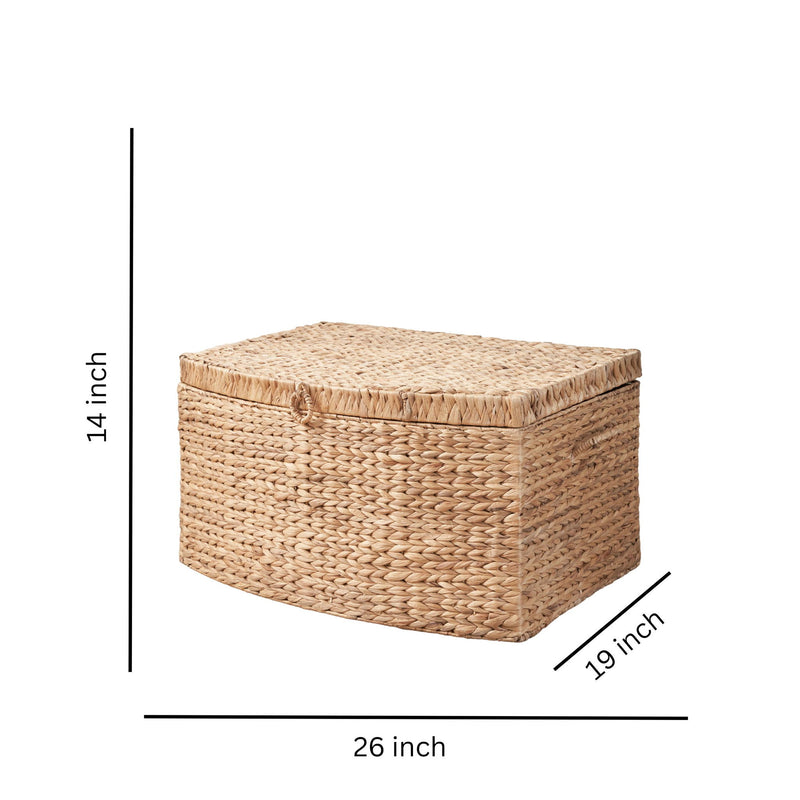Woven rectangular storage trunk with lid; dimensions shown as 26 by 19 by 14 inches