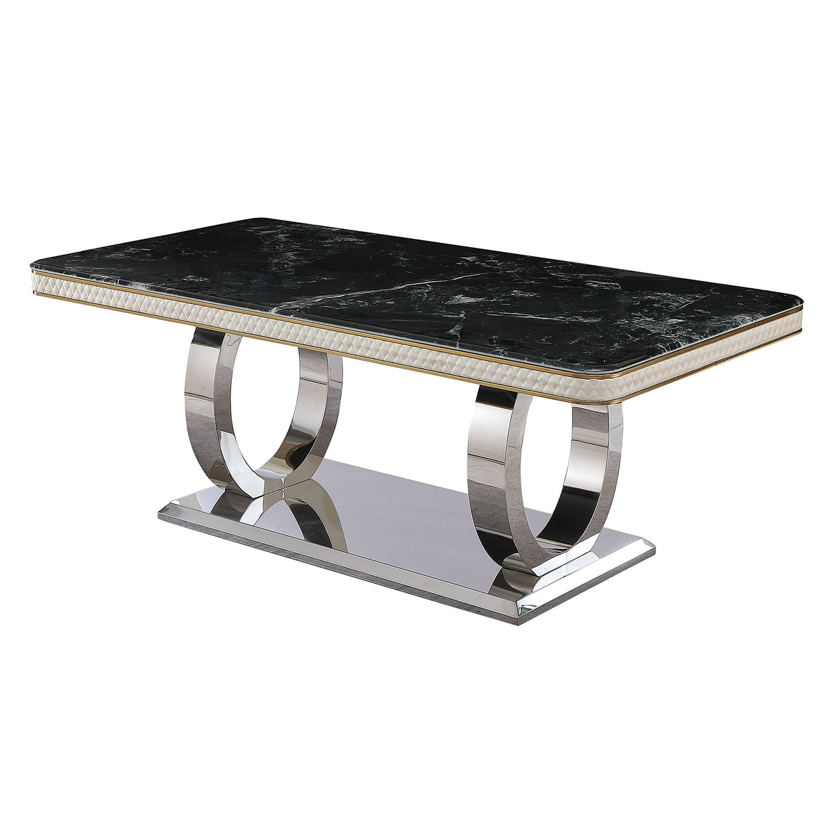 Black marble-look dining table with gold-edged top and polished metal pedestal base