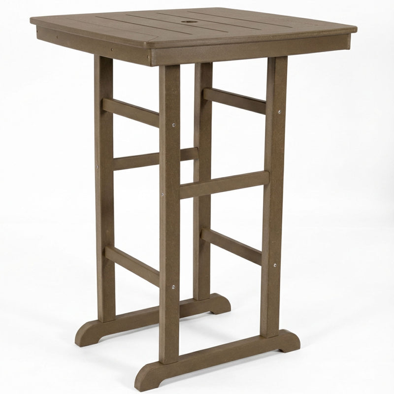 Bar-height outdoor table in light brown with slatted square top and crossbar frame