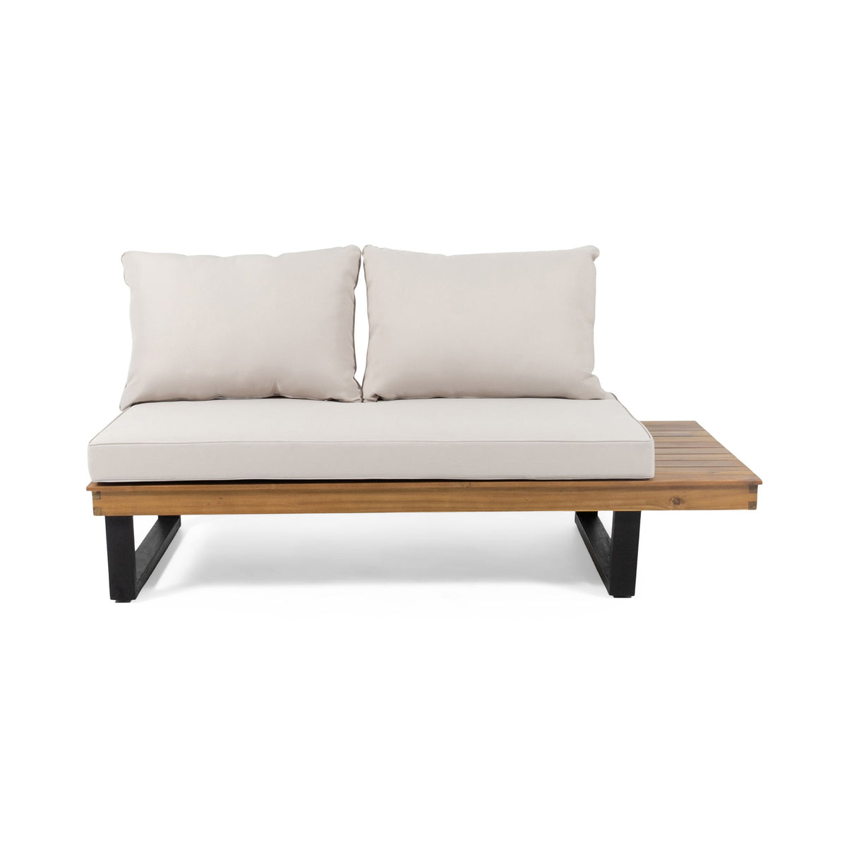 Outdoor sofa loveseat with beige cushions and teak-style slatted wood base, black legs