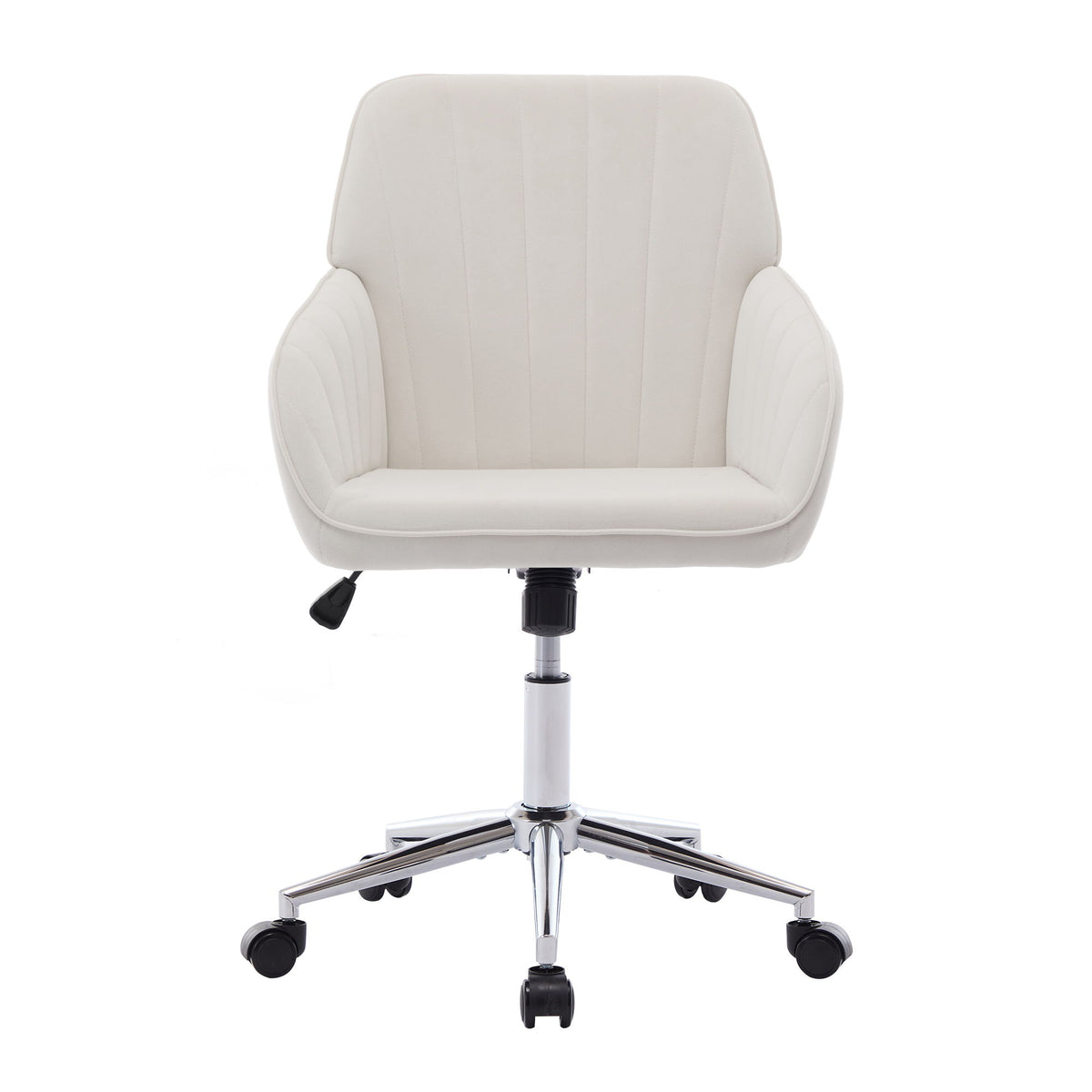 Light beige upholstered office chair with padded seat, curved back, swivel base, casters