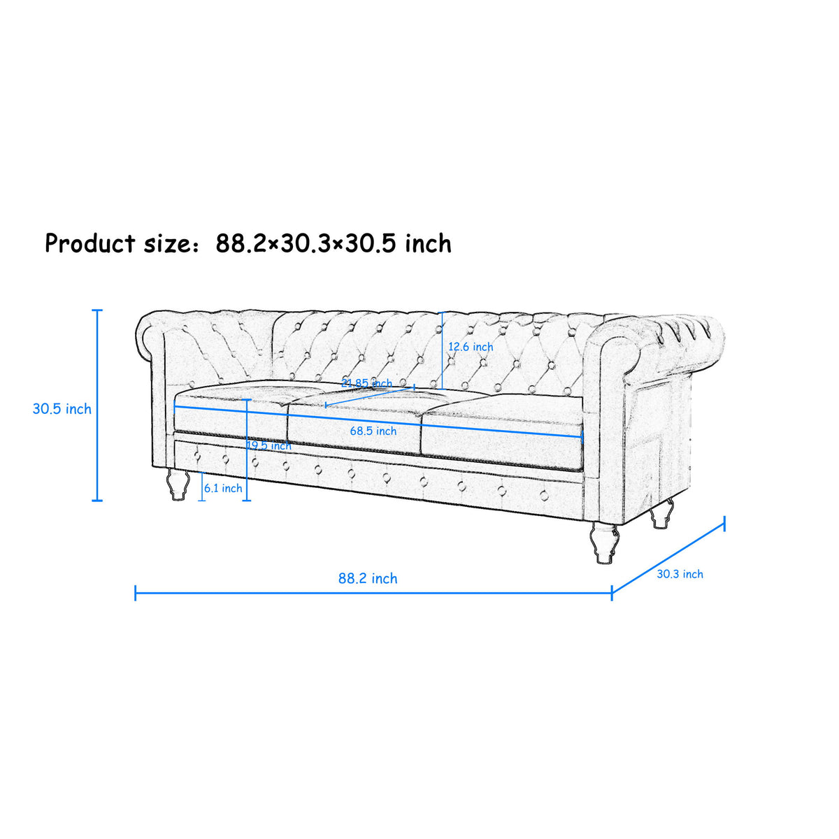 Rolled-arm sofa size diagram showing dimensions of 88.2 by 30.3 by 30.5 inches
