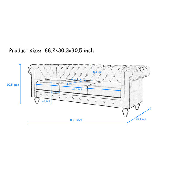 Rolled-arm sofa size diagram showing dimensions of 88.2 by 30.3 by 30.5 inches