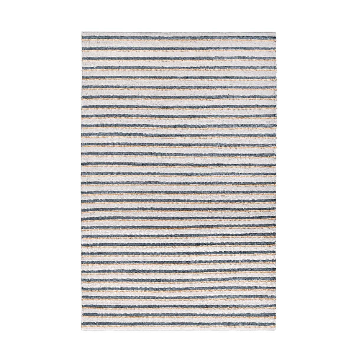 Ivory area rug with thin horizontal stripes in navy-blue and beige, speckled texture