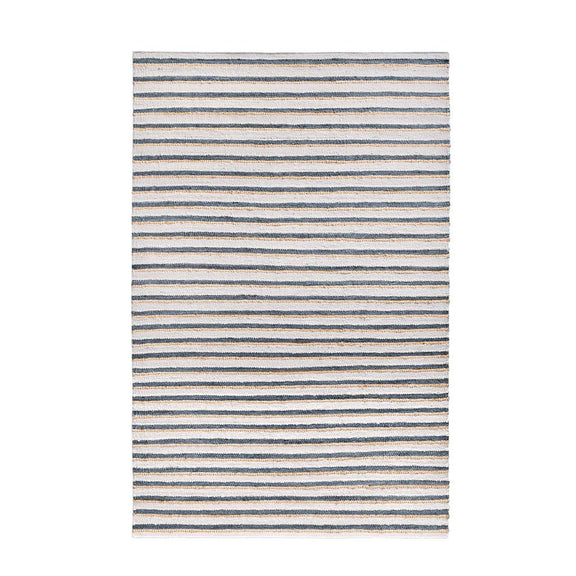 Ivory area rug with thin horizontal stripes in navy-blue and beige, speckled texture