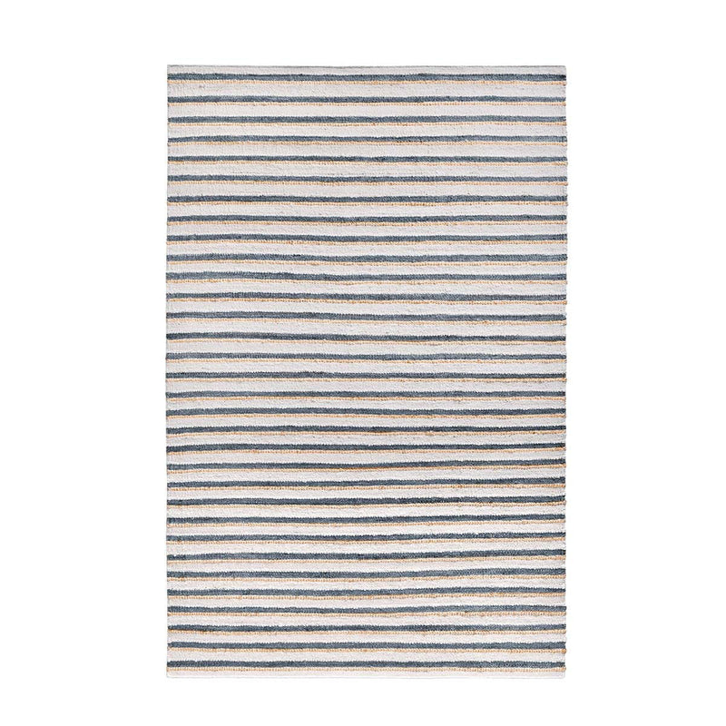 Ivory area rug with thin horizontal stripes in navy-blue and beige, speckled texture