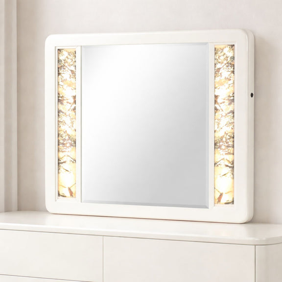 Beige rectangular LED mirror with glowing side panels and small control knob on frame.