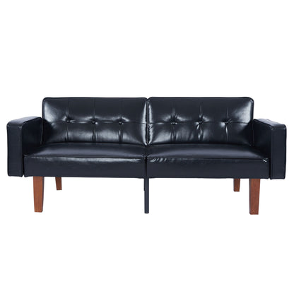 Black split-back futon sofa bed with tufted cushions and dark wooden legs