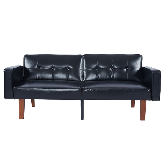 Black split-back futon sofa bed with tufted cushions and dark wooden legs