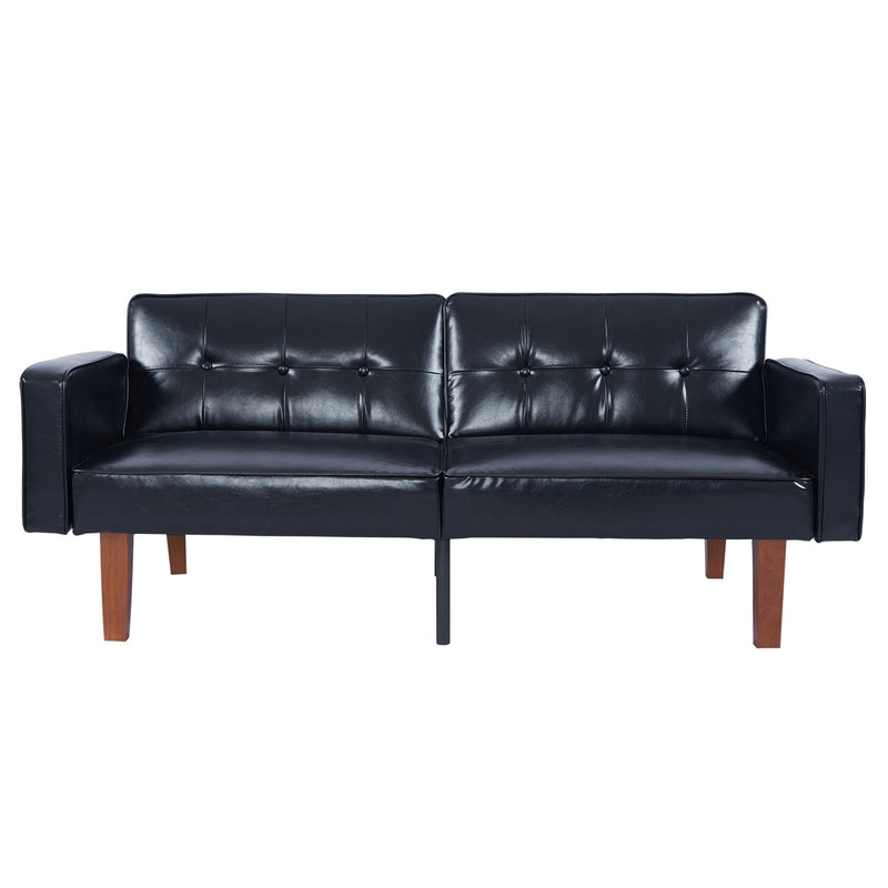 Black split-back futon sofa bed with tufted cushions and dark wooden legs