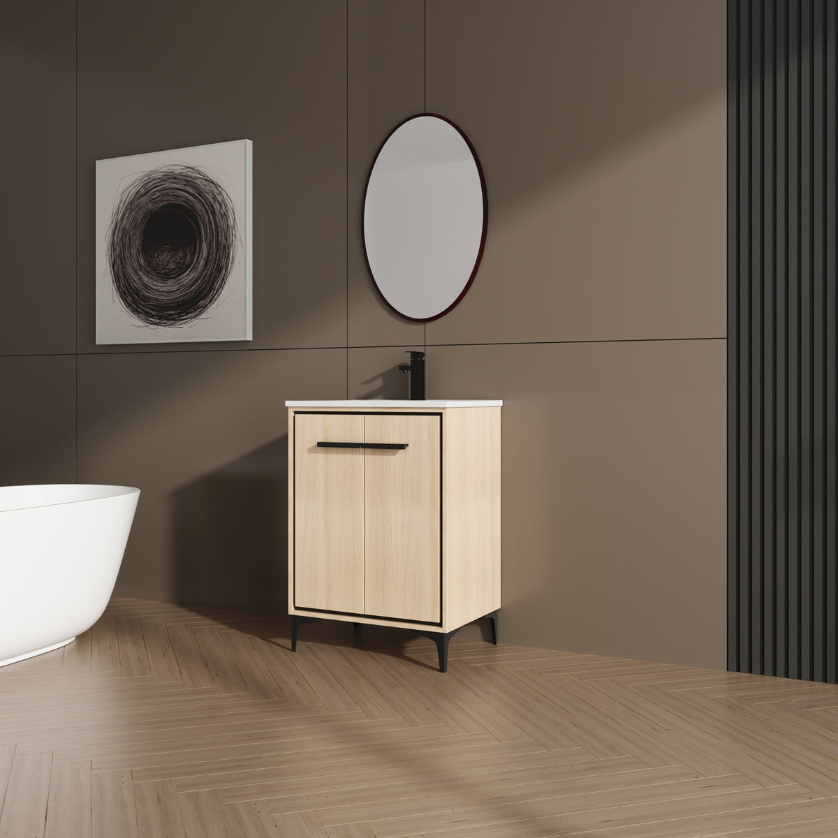 Light brown bathroom vanity with white sink, black bar handle, two-door cabinet on legs