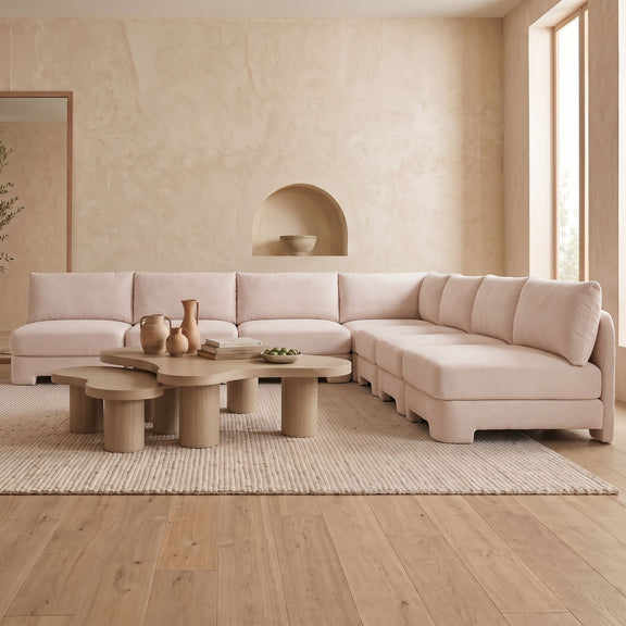 Beige velvet performance sectional sofa with armless chaise and large back cushions